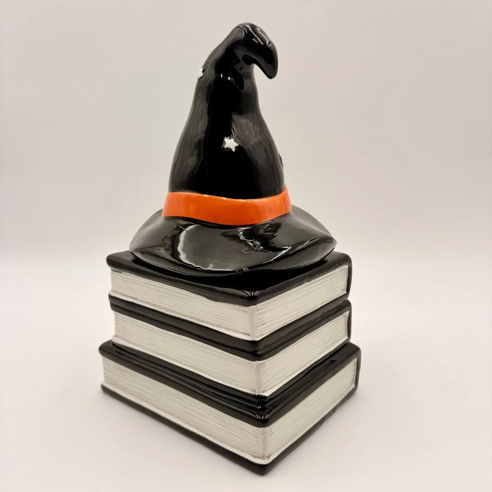 Halloween Ceramic Witch Hat Stacked Books Let's Get Spooky Candy Jar Black